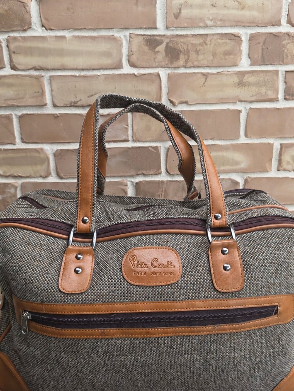 Pierre Cardin Vintage Weekender Travel Duffel Bag Tweed Brown Tan 20"